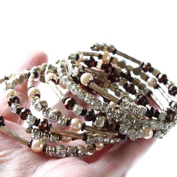 Slinky Bracelet Bangle Wrap Browns Gold Rose Clear Rhinestones Costume Jewelry - Picture 4 of 7